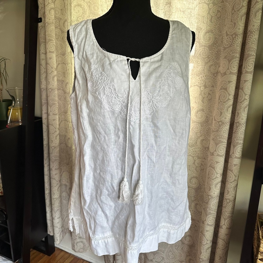 Yest White 100% Linen Embroidered Sleeveless Tassel Tie Blouse Top 12 Vacation